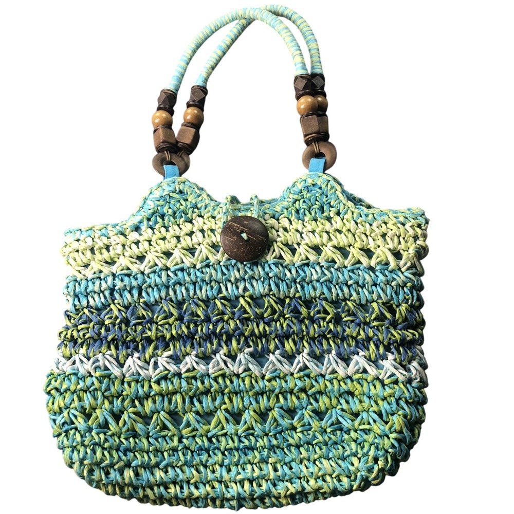 Cappelli Straworld Woven Raffia Tote Bag Wood Bead Handle Blue Green